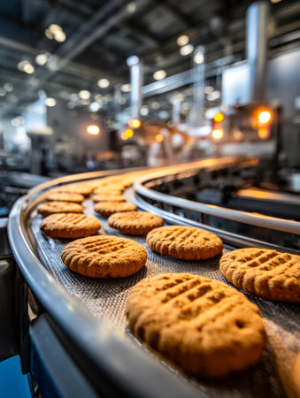 Warm, golden-brown cookies glide along a sleek conveyor in a contemporary bakery, capturing the...