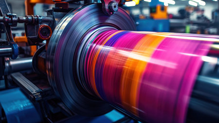Vibrant inks swirl as an advanced industrial printing machine layers bright hues onto large sheets,...
