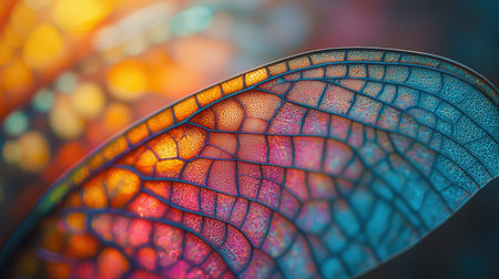 Brightly colored leaf revealing delicate vein details in striking blue, pink, and orange shades,...
