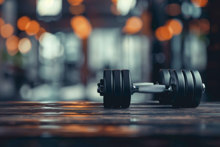 Gym interior with black desk, free space for decor, metal dumbbells for fit lifestyleの写真素材