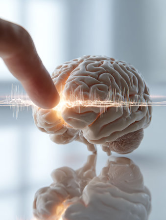 A detailed, three-dimensional brain display showcases glowing neural pathways in vibrant colors,...