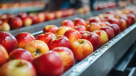 Vibrant ripe apples in striking reds and yellows glide along a processing line, capturing the...