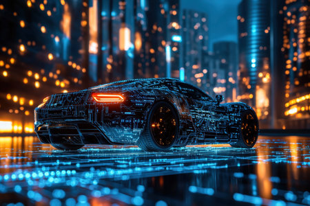 A sleek, illuminated electric vehicle with intricate digital circuitry patterns emphasizes...
