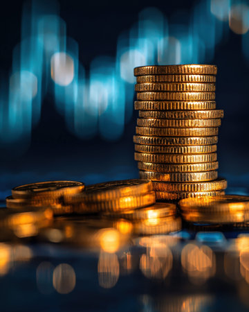 A detailed view of glaming gold currency stacks against a softly blurred blue light effect,...
