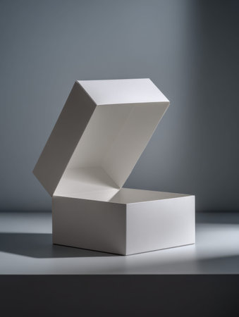 A sleek, pristine white container with an open lid reveals a spacious, unmarked interior,...