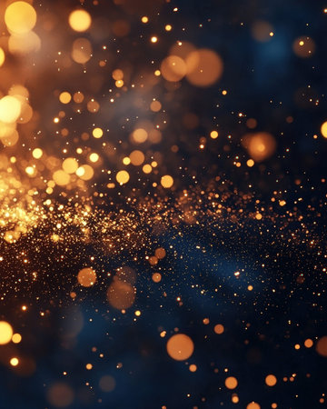 Vibrant orange orbs and shimmering sparkles dance against a deep blue canvas, creating a luminous,...