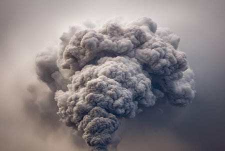 An immense plume of dark smoke spirals upward, filling the sky with a turbulent, textured spectacle...