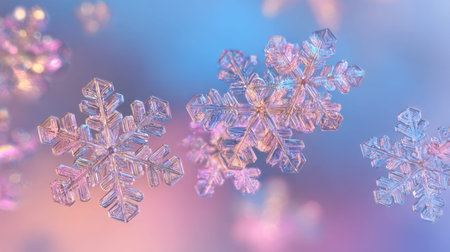 A close-up view of fragile snowflakes revealing detailed hexagonal structures, bathed in gentle pink...