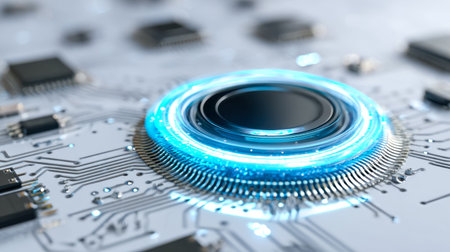 A high-tech integrated circuit with an intricate pattern of luminous blue pathways, embodying...
