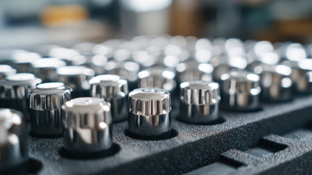An intricate display of shiny metal dials set against a textured backdrop, with a soft-focus...