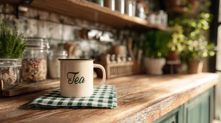 Sunlit cozy kitchen scene with a charming ceramic mug resting on a green plaid cloth, surrounded by glass jars and greenery softly fading into warm background hues.の写真素材