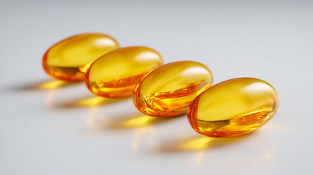Four gleaming, semi-transparent capsules shimmer in a precise diagonal on a glossy surface, their...