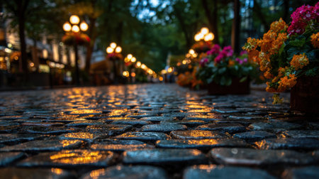 A cozy evening scene with shimmering wet stones mirroring glowing lamps, framed by lush greenery and...