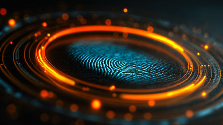A high-tech biometric scan features a luminous fingerprint encased in shimmering, concentric...