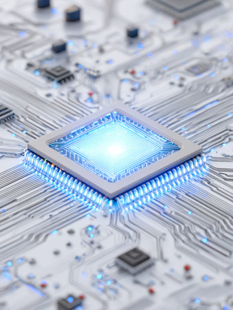 Intricate microprocessor with luminous pathways highlighting cutting-edge digital architecture on a...