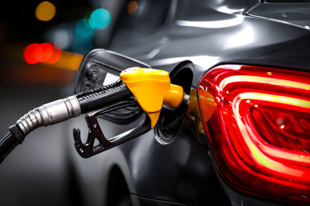 A nighttime scene captures a vehicle being fueled, highlighting the glowing red taillight and the...