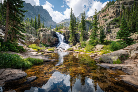 A tranquil mountain scene featuring a gentle stream spilling over jagged rocks into a shimmering,...