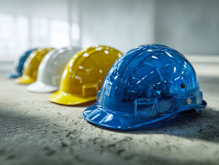 A colorful lineup of safety helmets in blue, yellow, and white rests neatly on a textured concrete...
