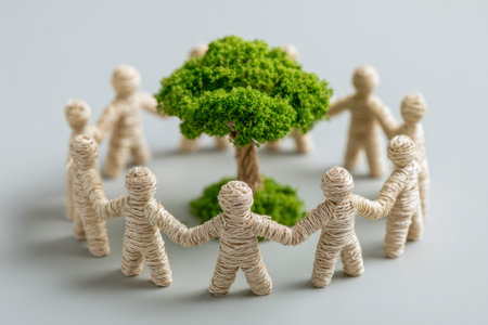 Colorful woven figures form a connected circle around a lively green miniature tree, embodying...