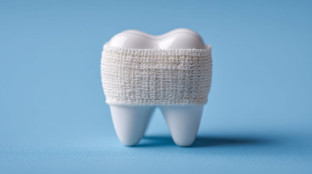 A prominent white dental crown embraces a bandage, illustrating oral health preservation and...