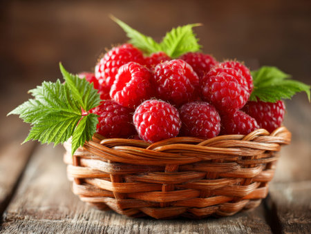 Juicy red berries nestled among vibrant green foliage, displayed in an artisan basket atop weathered...