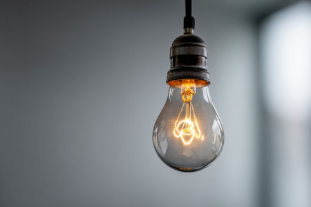 A warm vintage filament bulb illuminates a sleek, minimal space as gentle daylight softly fills the...