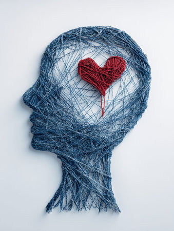 A complex network of blue fibers shapes a human profile, with a striking red core symbolizing the...