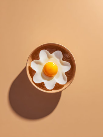 A perfectly cooked egg with a glossy yolk rests in a rustic brown bowl, its gentle shadows...
