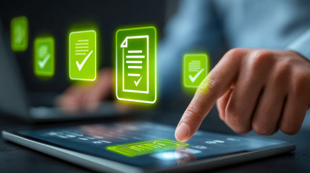 A professional reviewing and signing digital files on a sleek tablet, highlighting streamlined...