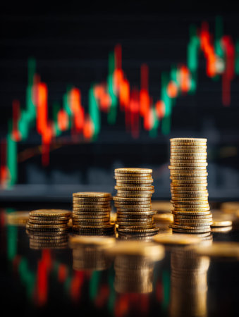 Glimmering gold coins cast vibrant reflections on a smooth surface, with a vivid chart illustrating...