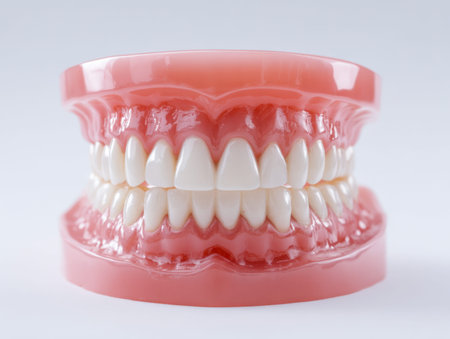 A highly detailed, life-like dental replica displaying a complete arch of artificial teeth and gums,...