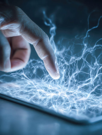 A human fingertip hovers over a luminous blue digital interface, manipulating an intricate web of...