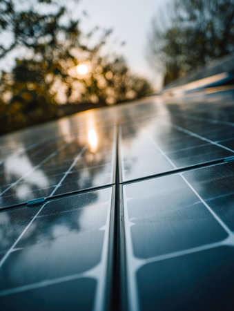 Sun-kissed solar arrays gleam as evening hues settle, with tranquil trees gently blurred, embodying sustainable energy amidst a peaceful, clear sky.の写真素材