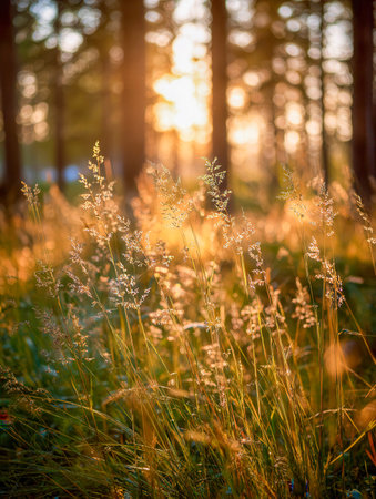Warm golden light bathes slender grasses as they dance softly in a secluded clearing, with blurred trees creating a peaceful, glowing atmosphere.の写真素材