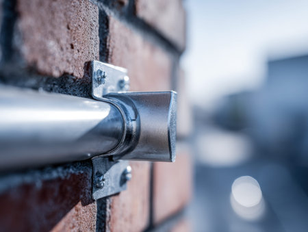 A close-up of a sturdy metal conduit fixed to an aged brick surface, illuminated by soft daylight as...