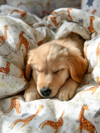 A gentle golden retriever puppy rests peacefully in a plush bed, surrounded by warm giraffe-print...