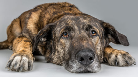 A gentle giant with captivating, expressive eyes lounges peacefully on a soft gray background,...