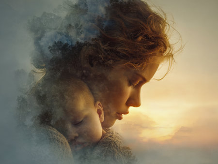 A gentle embrace between mother and child amidst lush greenery, bathed in the soft glow of sunset hues, radiating pure affection and tranquil harmony.の写真素材