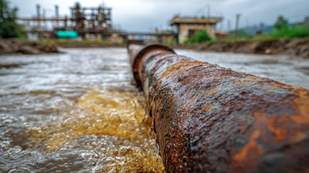 A weathered pipe emits vibrant, dyed liquid into a murky landscape, with industrial structures...