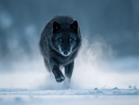 A commanding black wolf moves decisively across a frost-covered terrain, with swirling mist...