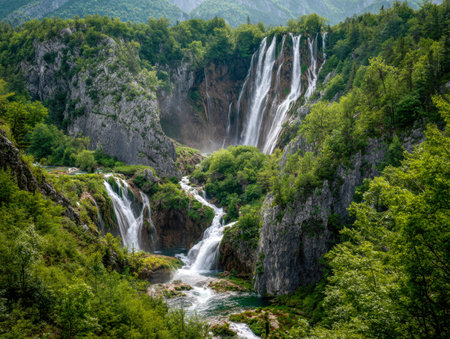 A tranquil mountain scene featuring gentle waterfalls weaving through vibrant foliage and rugged...