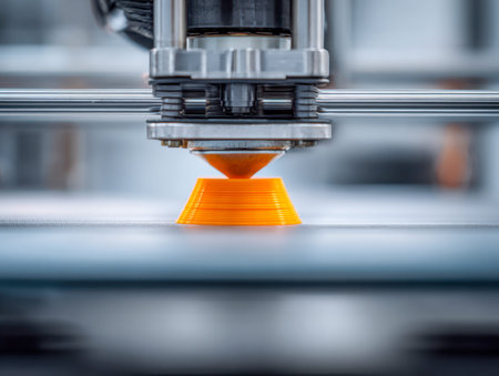 A sleek industrial 3d printer expertly deposits bright orange resin, showcasing advanced layering...
