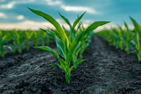A fresh sprout reaches upward from lush, dark earth, with neat crop rows stretching toward the...