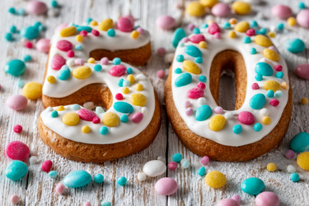 Vibrant number cookies adorned with crisp white icing and delicate pastel sprinkles, set against a...