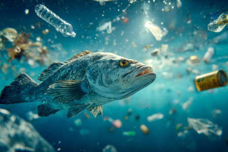 Fish navigate murky waters cluttered with plastic fragments and discarded debris, symbolizing the...