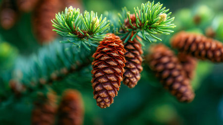 Brightly colored pine cones dangle amid dense foliage, creating a lively contrast against rich green...