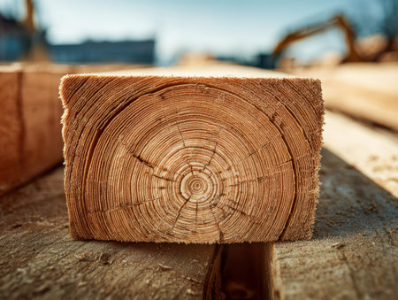 Warm sunlight highlights the rugged surface and intricate growth patterns of freshly cut timber, set...
