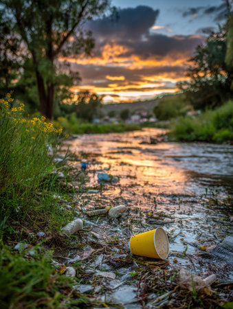 As the sun sets, a serene waterway is marred by floating debris and a lone yellow cup nestled among...