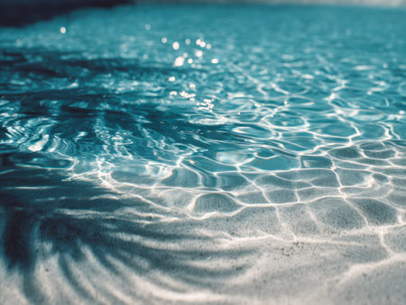 Gentle sunlight dances across shimmering water, casting playful shadows over a peaceful pool with a...