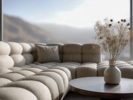 A welcoming lounge area showcases a plush, neutral-tone sectional adorned with stylish decorative...